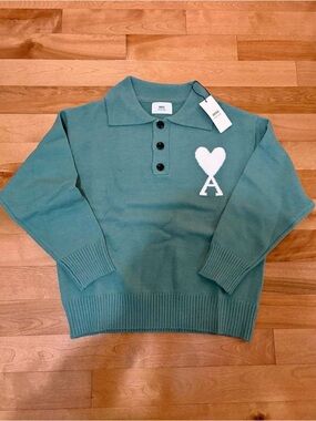 Ami Teal Green Polo Knit Sweater with White Heart 'A' Logo